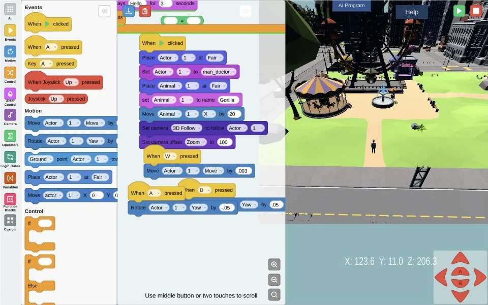 Block Playground: colorful visual code blocks alongside a 3D fairground with characters.